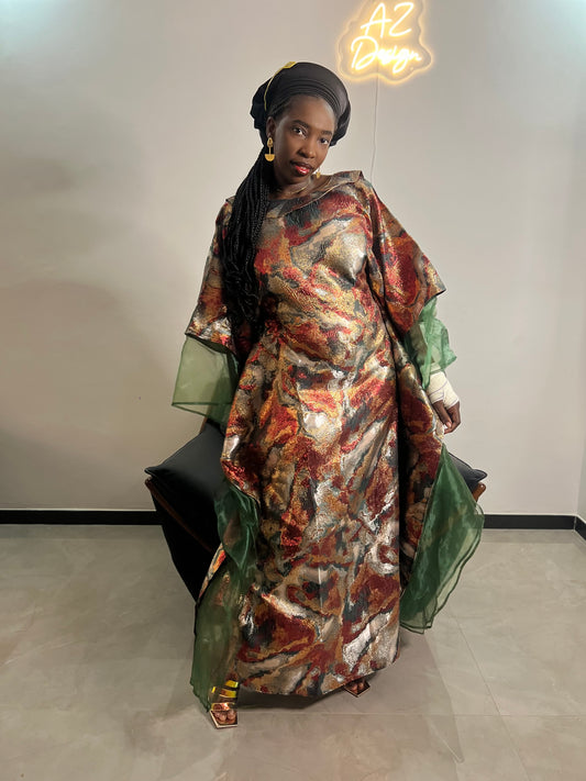 Costume traditionnel africain femme, boubou en brocart vert/feu