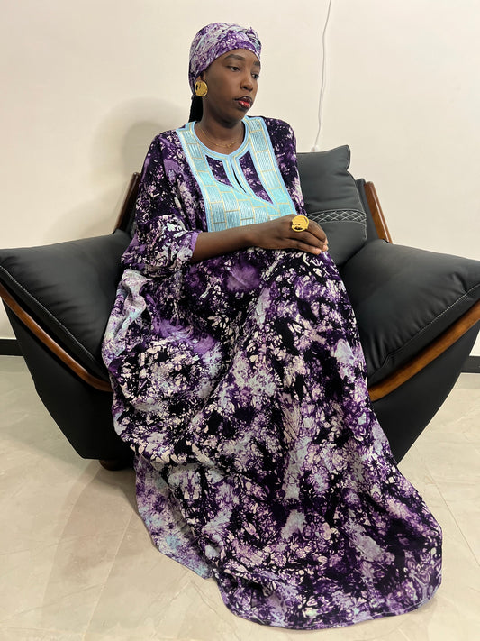 Costume traditionnel africain, boubou violet / bleu ciel
